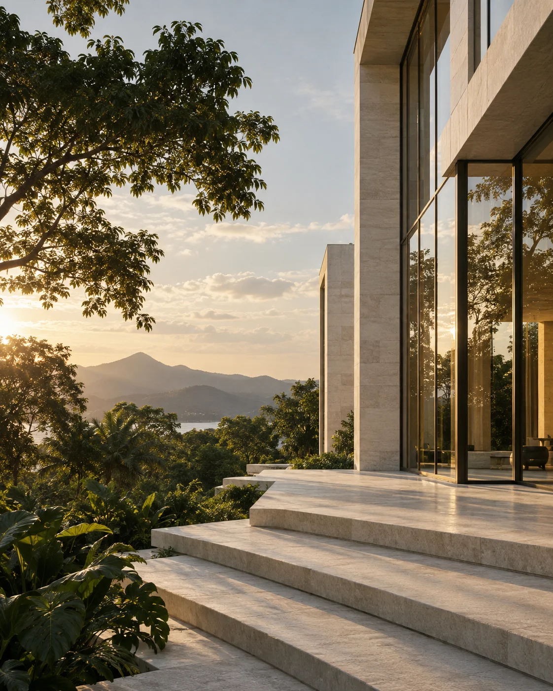 Contemporary architecture among trees and mountains, a conceptual image of precision and growth.